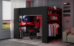 Full Size Wood Bunk Bed with height-adjustable Desk,Wardrobe,Ample Storage Space,and RGB Light, Red