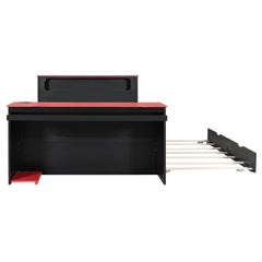 Full Size Wood Daybed with Twin Size Trundle,Desk,LED light and USB,Black+Red