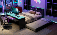 Full Size Wood Daybed with Twin Size Trundle,Desk,LED light and USB,Black+Blue