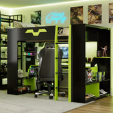 Full Size Wood Loft Bed with Power Outlet & USB/Type-C Ports, Integrated Cable Management, and RGB Light, Green