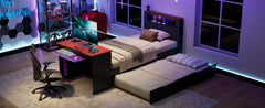 Twin Size Wood Daybed with Twin Size Trundle,Desk,LED light and USB,Black+Red