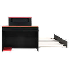 Twin Size Wood Daybed with Twin Size Trundle,Desk,LED light and USB,Black+Red