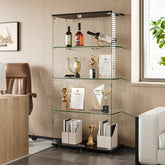 Glass Display Cabinet with 4-Shelf Double Doors and Lock, Curio Cabinet 5mm Tempered Glass Floor Standing Bookshelf for Living Room, Bedroom, Office, 64 x 31.7 x 14.3 in, Black