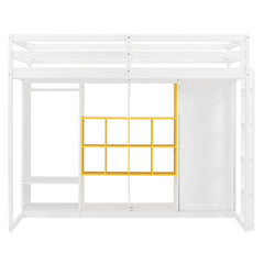 Twin Size Wood Loft Bed with Wardrobe, shelves and Cabinet, White+Yellow