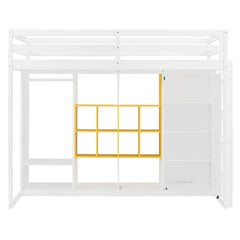 Twin Size Wood Loft Bed with Wardrobe, shelves and Cabinet, White+Yellow