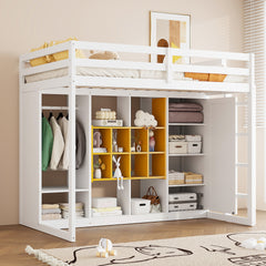 Twin Size Wood Loft Bed with Wardrobe, shelves and Cabinet, White+Yellow
