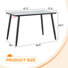 Modern minimalist rectangular dining table, suitable for 4-6 people. Tempered glass countertop+lower MDF board, imitation marble texture, black metal tapered legs. Suitable for minimalist restaurants.