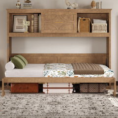 Twin Size Murphy Bed with Charging Station and a Drawer, Wood Color