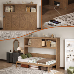 Twin Size Murphy Bed with Charging Station and a Drawer, Wood Color