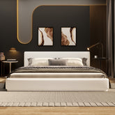 Soft and comfortable upholstered bed. Luxurious and cozy bedroom centerpiece, king size, white