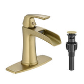 Brushed Gold Waterfall Bathroom Faucet with Pop-Up Drain and Deck Plate - Single Handle Bathroom Faucet