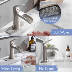 Brushed Nickel Waterfall Bathroom Faucet with Pop-Up Drain and Deck Plate - Single Handle Bathroom Faucet