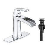 Chrome Waterfall Bathroom Faucet with Pop-Up Drain and Deck Plate - Single Handle Bathroom Faucet