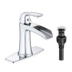 Chrome Waterfall Bathroom Faucet with Pop-Up Drain and Deck Plate - Single Handle Bathroom Faucet