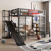 Full Size Metal Loft bed with Built-in Desk, Open Wardrobe, Basketball hoop, Slide and Staircase, Black