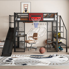 Full Size Metal Loft bed with Built-in Desk, Open Wardrobe, Basketball hoop, Slide and Staircase, Black