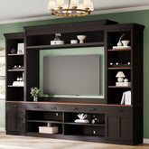 Farmhouse 4-Piece Entertainment Center with Bookshelf for TVs Up to 70", Walnut TV Stand with Adjustable Shelves, Mid-Century Media Console with Wine Rack for Living Room, Black(OLD SKU: N721S000046B)