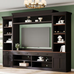 Farmhouse 4-Piece Entertainment Center with Bookshelf for TVs Up to 70", Walnut TV Stand with Adjustable Shelves, Mid-Century Media Console with Wine Rack for Living Room, Black(OLD SKU: N721S000046B)