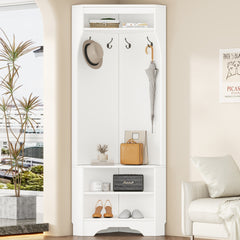 Minimalist Corner Hall Tree with Shoe Bench, Versatile Entryway Coat Rack with 4 Hooks, Corner Cabinet with Adjustable Shelf for Hallway, Living Room, White, 29.5''W*71.6''H (OLD SKU: N721P189665K)