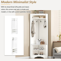 Minimalist Corner Hall Tree with Shoe Bench, Versatile Entryway Coat Rack with 4 Hooks, Corner Cabinet with Adjustable Shelf for Hallway, Living Room, White, 29.5''W*71.6''H (OLD SKU: N721P189665K)