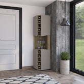 Lyla Corner Bar Cabinet, Ten Built-in Wine Rack, Four Door Cabinet, Four Interior Shelves