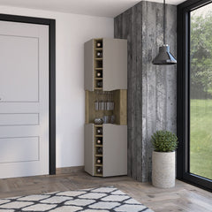 Lyla Corner Bar Cabinet, Ten Built-in Wine Rack, Four Door Cabinet, Four Interior Shelves