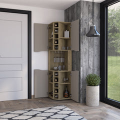 Lyla Corner Bar Cabinet, Ten Built-in Wine Rack, Four Door Cabinet, Four Interior Shelves