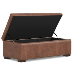 Gabbie 48 inch Wide Rectangular Storage Ottoman in Distressed Saddle Brown Vegan Leather