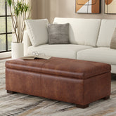 Gabbie 48 inch Wide Rectangular Storage Ottoman in Distressed Saddle Brown Vegan Leather
