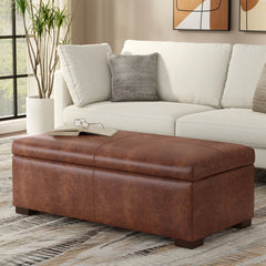 Gabbie 48 inch Wide Rectangular Storage Ottoman in Distressed Saddle Brown Vegan Leather