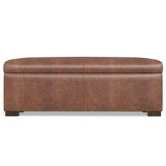 Gabbie 48 inch Wide Rectangular Storage Ottoman in Distressed Saddle Brown Vegan Leather