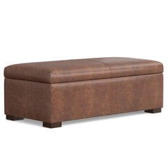 Gabbie 48 inch Wide Rectangular Storage Ottoman in Distressed Saddle Brown Vegan Leather