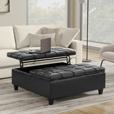 Harrison 40 inch Wide Large Square Coffee Table Storage Ottoman in Distressed Black Vegan Leather