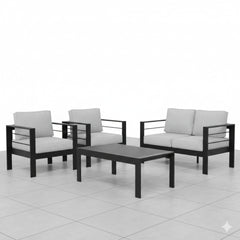 4-Piece Modern Aluminum Patio Conversation Set, 4-Seat Outdoor Sofa with Thick Light Gray Cushions & Black Frame and Coffee Table