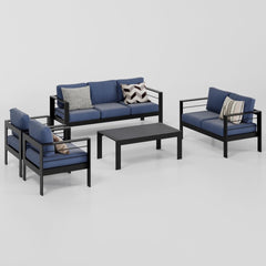 5-Piece Modern Aluminum Patio Conversation Set, 7-Seat Outdoor Sofa with Thick Blue Cushions & Black Frame and Coffee Table