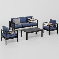 4-Piece Modern Aluminum Patio Conversation Set, 5-Seat Outdoor Sofa with Thick Blue Cushions & Black Frame and Coffee Table
