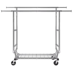 Heavy Duty Clothes Rack, Double Hanging Rod Clothing Garment Rack for Hanging Clothes, Adjustable Height and Extendable Length Clothing Rack with Bottom Storage Area, 600 lbs Load Capacity