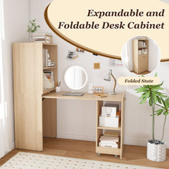 Stretchable desk, office desk with storage shelves and mobile wheels, foldable desk suitable for small apartments and offices,burlywood
