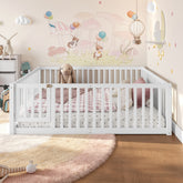 Full Size Bed Floor Bed with Safety Guardrails and Door for Kids,White