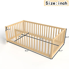 Twin Size Bed Floor Bed with Safety Guardrails and Door for Kids, Natural