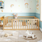 Twin Size Bed Floor Bed with Safety Guardrails and Door for Kids, Natural