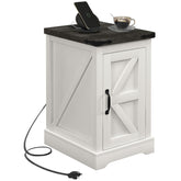 HOMCOM End Table with Charging Station and USB Ports, Farmhouse Side Table with Storage Cabinet for Living Room, Distressed White