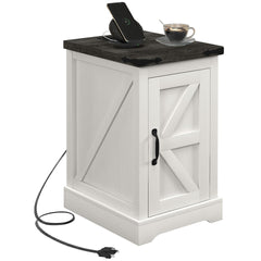 HOMCOM End Table with Charging Station and USB Ports, Farmhouse Side Table with Storage Cabinet for Living Room, Distressed White