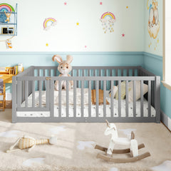 Twin Size Bed Floor Bed with Safety Guardrails and Door for Kids, Gray