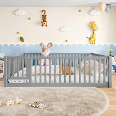 Queen Size Bed Floor Bed with Safety Guardrails and Door for Kids,Gray