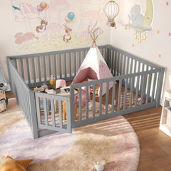 Full Size Bed Floor Bed with Safety Guardrails and Door for Kids,Gray