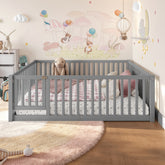 Full Size Bed Floor Bed with Safety Guardrails and Door for Kids,Gray
