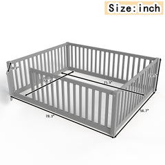 Full Size Bed Floor Bed with Safety Guardrails and Door for Kids,Gray