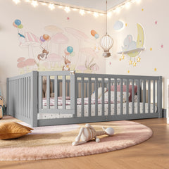 Full Size Bed Floor Bed with Safety Guardrails and Door for Kids,Gray