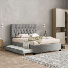 GRAY QUEEN SIZE TRUNDLE PULL OUT DRAWERS STORAGE UPHOLSTERED BED MODERN DESIGN NO BOX SPRING REQUIRED